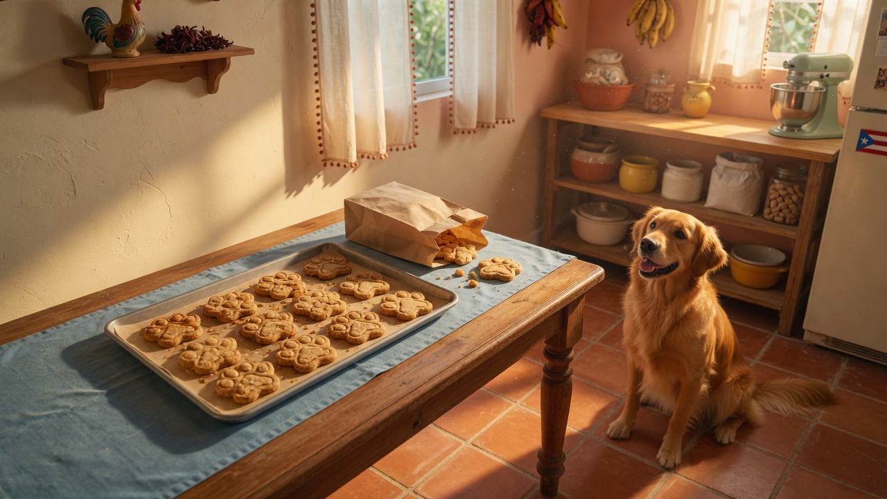 Bandeja de galletas Pup Fuel y un golden retriever en la cocina.